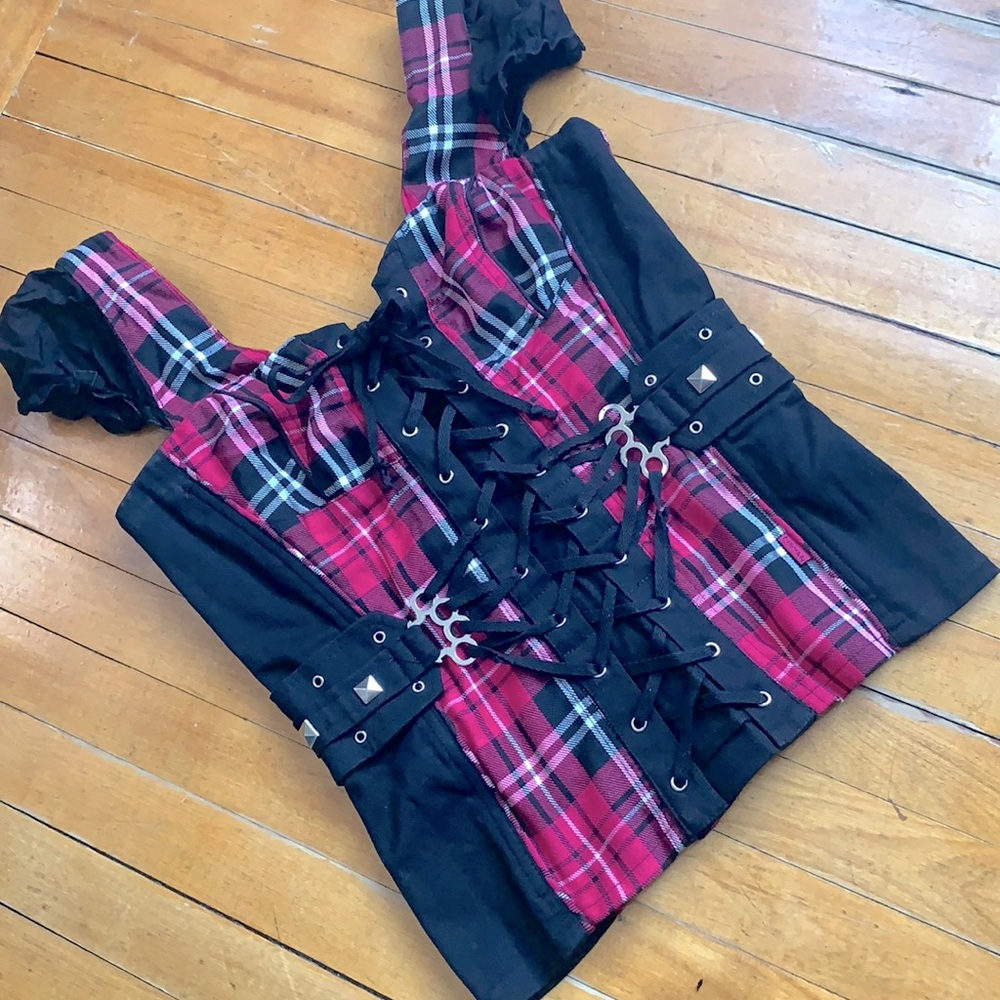 Tripp NYC plaid corset style bustier top, Pink and black plaid, goth, punk y2k